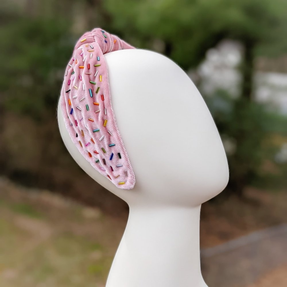 Pink Velvet Knot Headband with Sprinkles Rainbow Confetti Beading - Picture 9 of 11